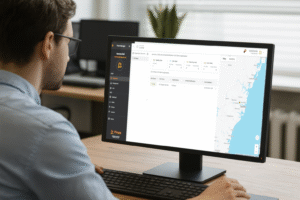 Operator using a desktop computer in a modern office with the Pluggy Fleet Manager dashboard displayed on the monitor.